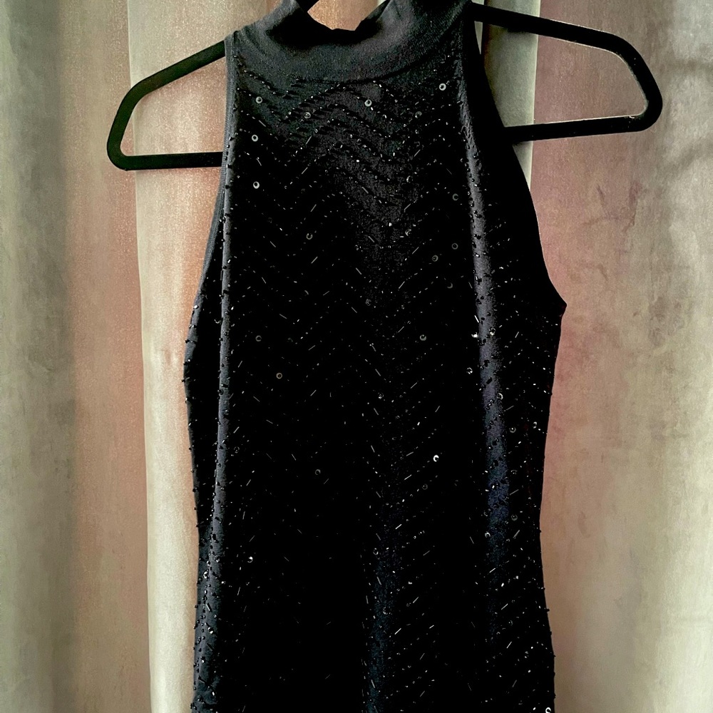 Silk knit beaded mock neck sleeveless top